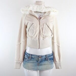y2k candie's cream faux fur cropped jacket hoodie zip up 2000s